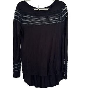 Free People Women's Black Mesh Insert Roxie Long Sleeve Hi-Low Top, Size M, GUC